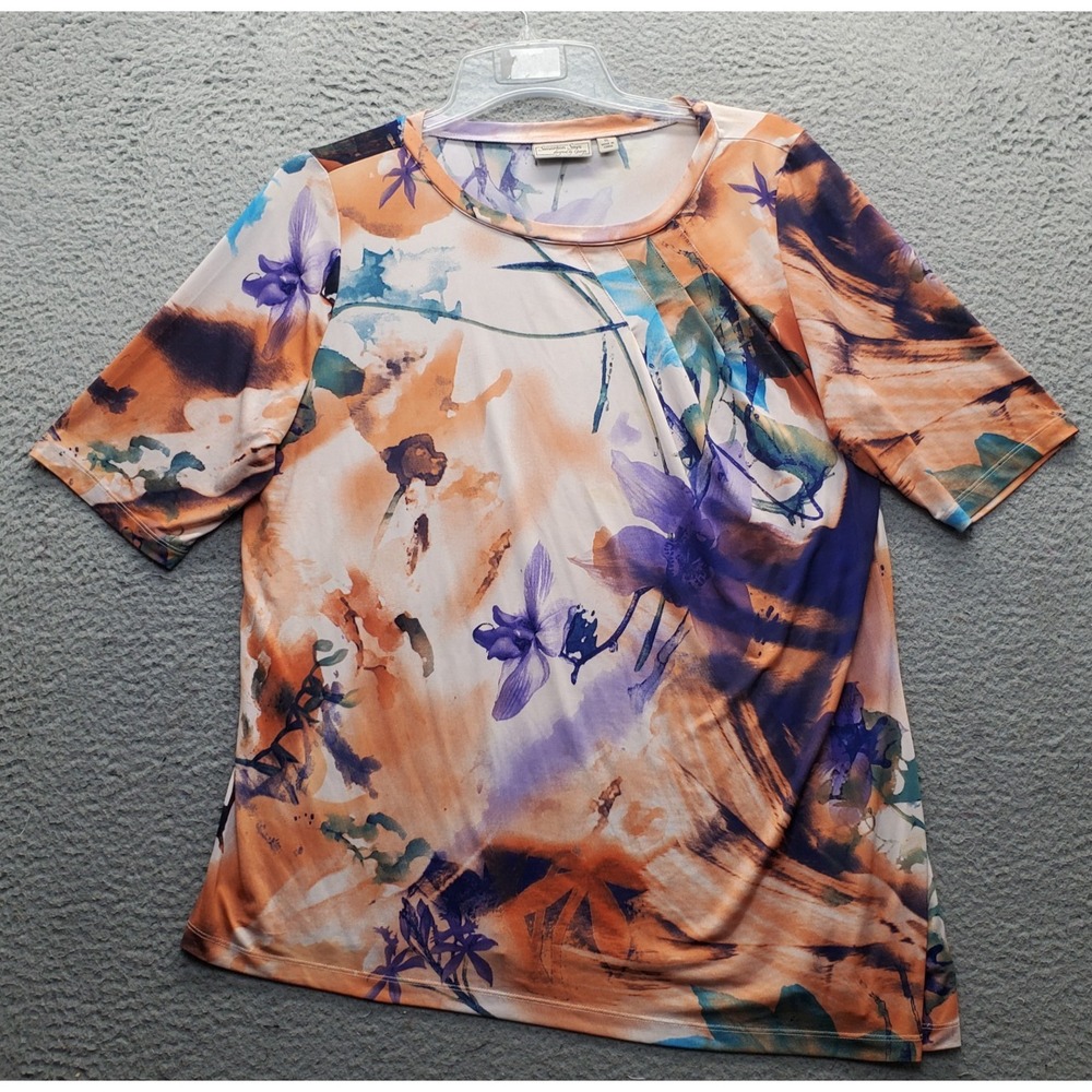 Simonton Says Blouse Top Womens XL Multi Floral Short Sleeve Pleated Pullover